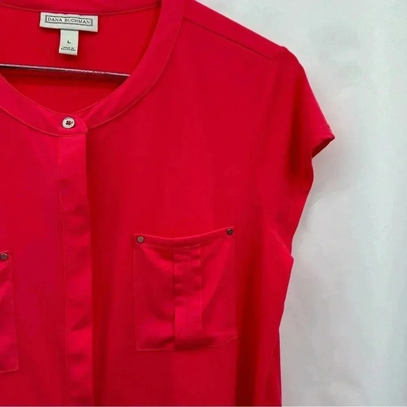 Dana Buchman Women’s Top Blouse Large Pink Short Sleeve Button Down Pockets - Picture 3 of 10